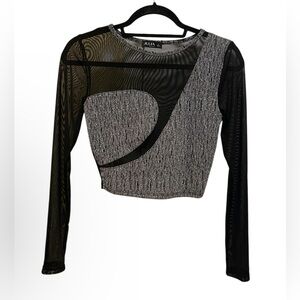 JULIA by love j TWO TONE CROP TOP MESH WOMEN RHINESTONE BLACK/GRAY LONG SLEEVE S